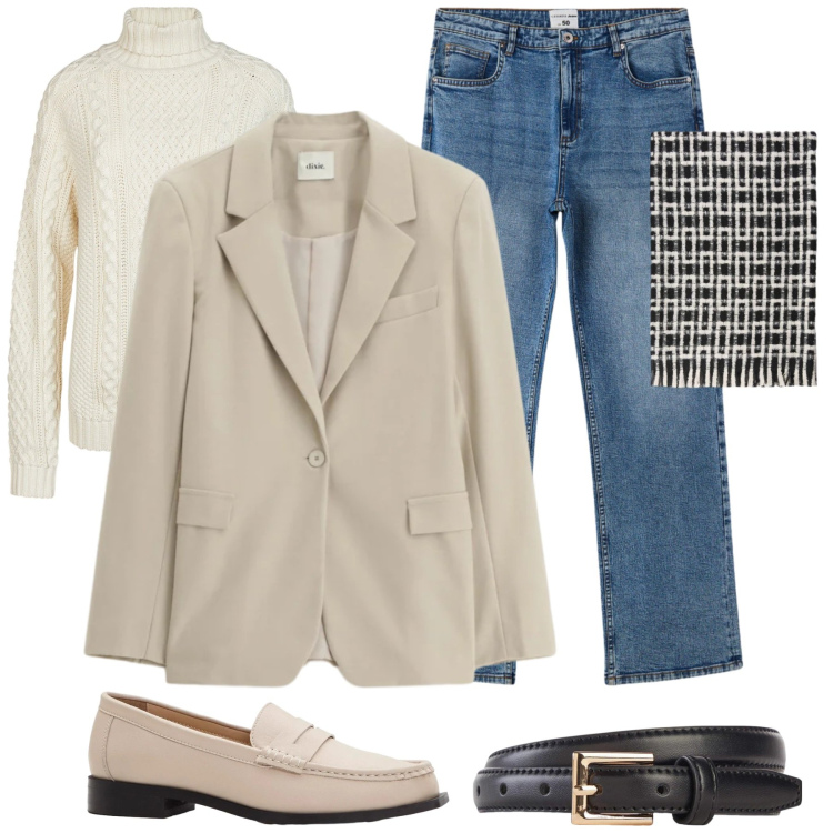 Outfit donna - Total look #2331064. Stile Mannish per Ufficio. Abbinamento con cinture, mocassini, blazer, jeans dritti, maglieria, sciarpe.