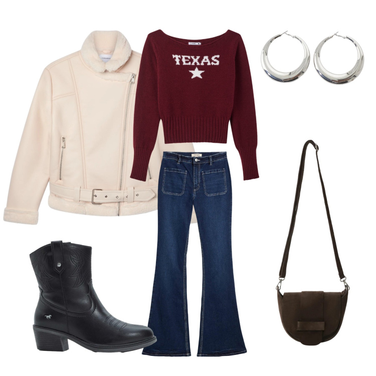Outfit donna - Urban Country Chic. Stile Preppy per Tutti i giorni. Abbinamento con stivaletti texani, jeans bootcut, orecchini, borse a tracolla, bomber, maglieria.