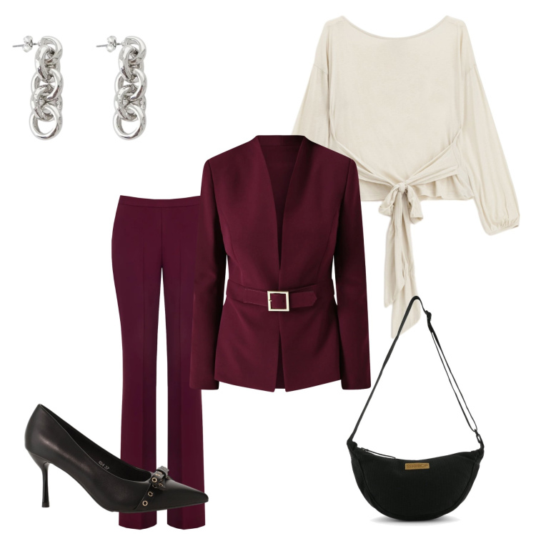 Outfit donna - Lady in Burgundy Suit. Stile Glamour per Tutti i giorni. Abbinamento con décolleté, top, orecchini, blazer, pantaloni, borse a tracolla.