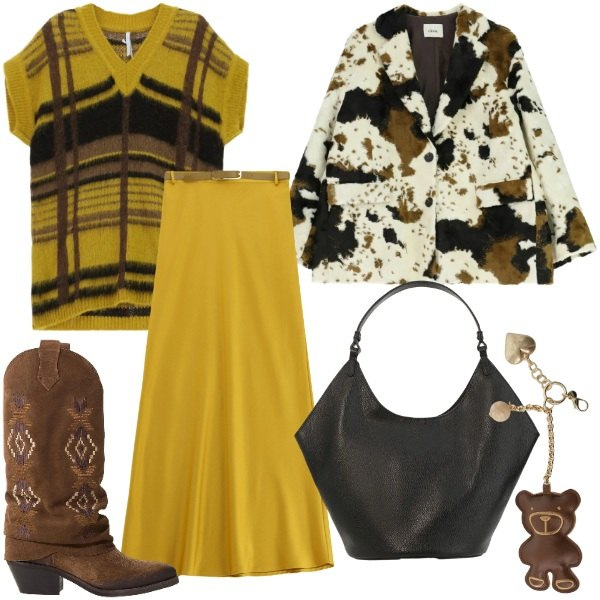 Outfit donna - Sentiti libera. Stile Boho per Tutti i giorni. Abbinamento con gonne lunghe, maglieria, blazer, stivali, borse a spalla, portachiavi.