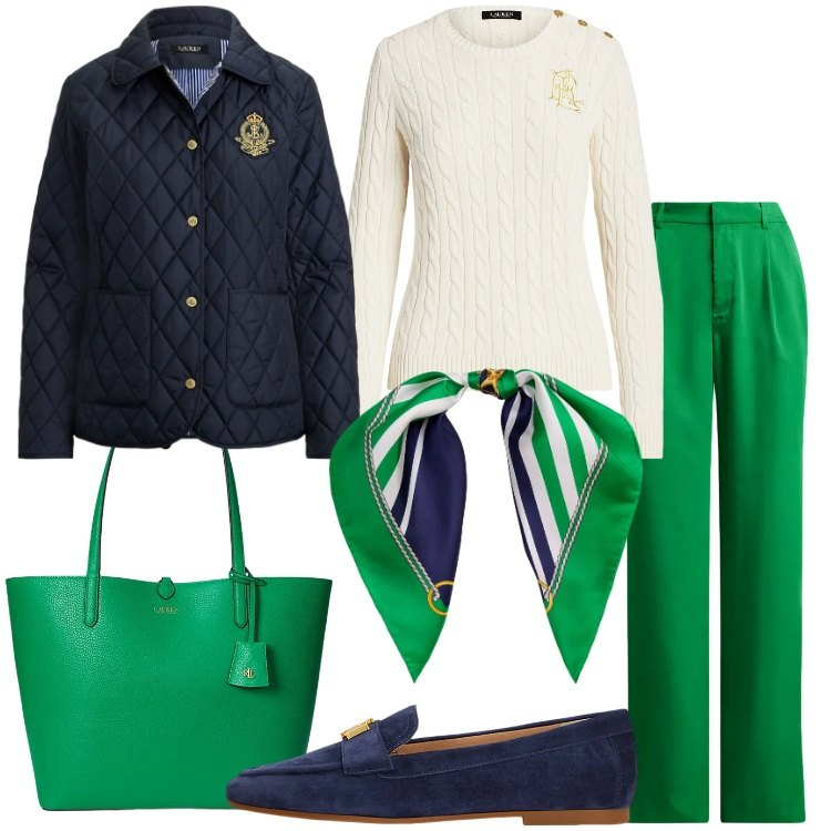 Outfit donna - Pensando alla primavera. Stile Preppy per Tutti i giorni. Abbinamento con maglieria, mocassini, borse tote, giacche, pantaloni, foulard.