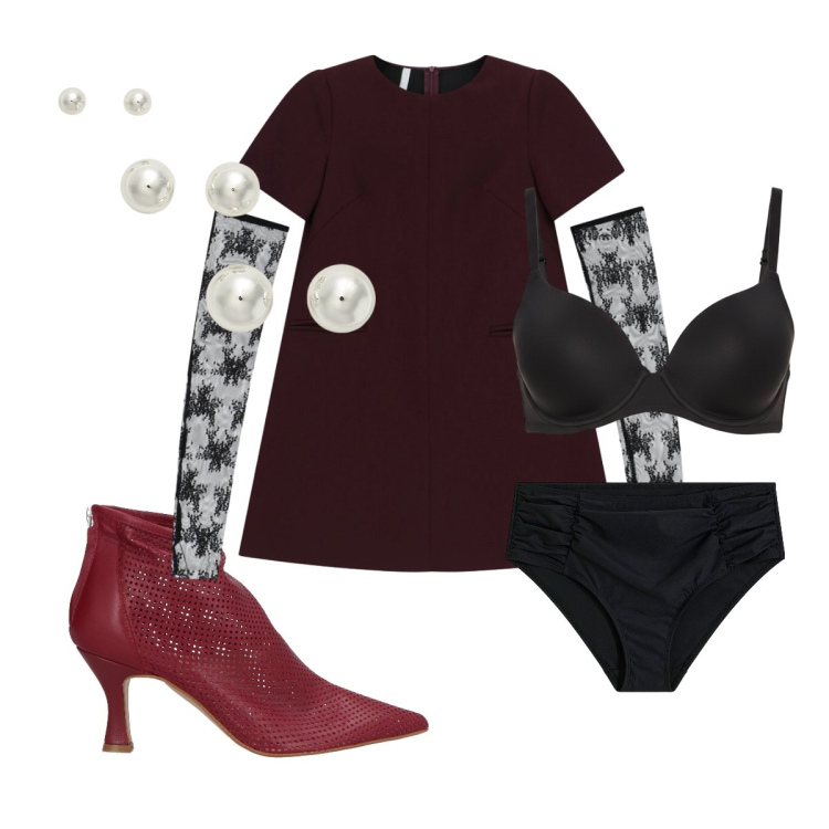 Outfit donna - Color Vino. Stile Chic per Serata fuori. Abbinamento con culotte, stivaletti, vestiti corti, reggiseni, orecchini.