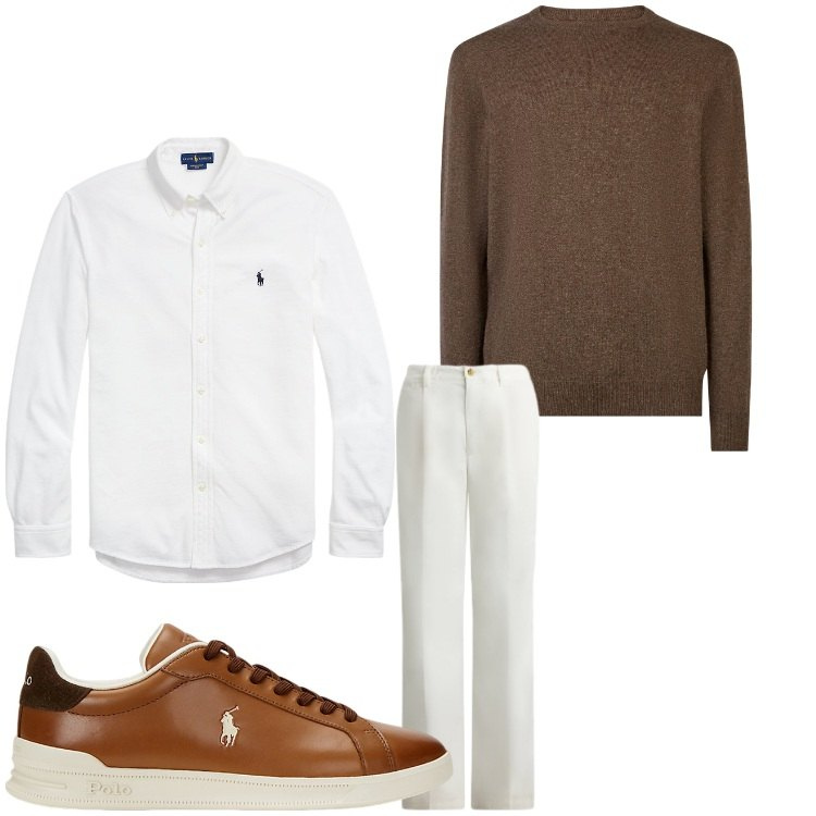Outfit uomo - Panna e caffe´. Stile Casual per Ufficio. Abbinamento con camicie, sneakers, pantaloni, maglieria.