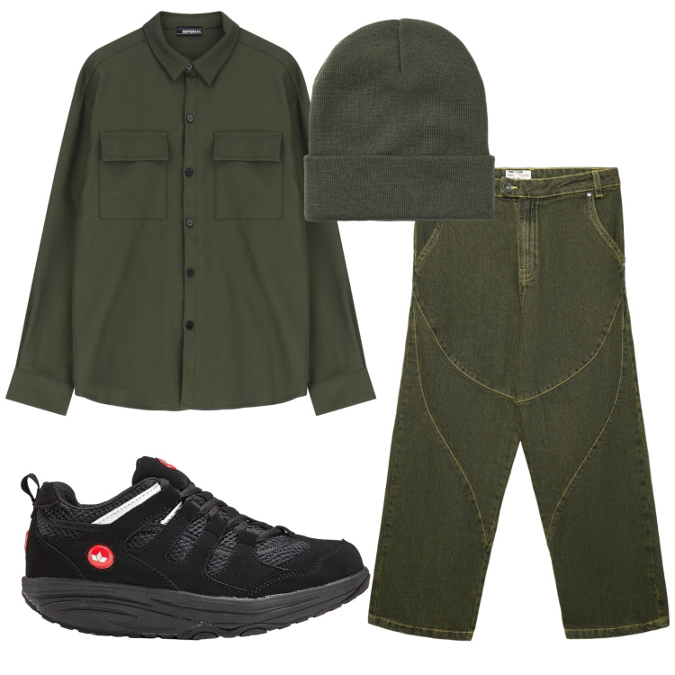 Outfit uomo - Total look #2331090. Stile Trendy per Tutti i giorni. Abbinamento con sneakers, camicie, berretti, jeans dritti.