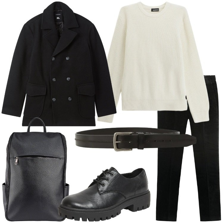 Outfit uomo - Febbraio in maglia. Stile Urban per Tutti i giorni. Abbinamento con maglieria, cinture, caban, scarpe stringate, borse sportive, pantaloni.