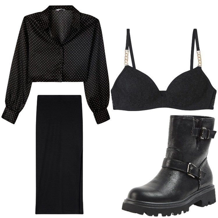 Outfit donna - Cuore e grinta. Stile Rock per Serata fuori. Abbinamento con camicie, reggiseni, stivaletti, gonne lunghe.