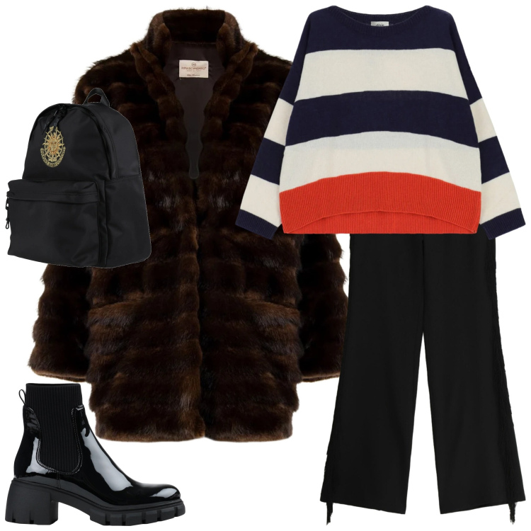 Outfit donna - Total look #2331094. Stile Chic Abbinamento con stivaletti, zaini, maglieria, cappotti, pantaloni a palazzo.