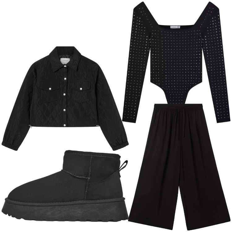 Outfit donna - Black. Stile Glamour per Serata fuori. Abbinamento con body, pantaloni a palazzo, stivaletti, giacche.
