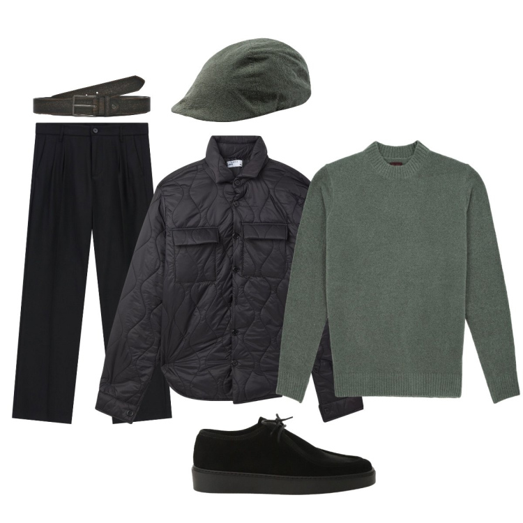 Outfit uomo - In città. Stile Trendy per Tutti i giorni. Abbinamento con pantaloni, scarpe stringate, cinture, giacche, cappelli con visiera, maglieria.