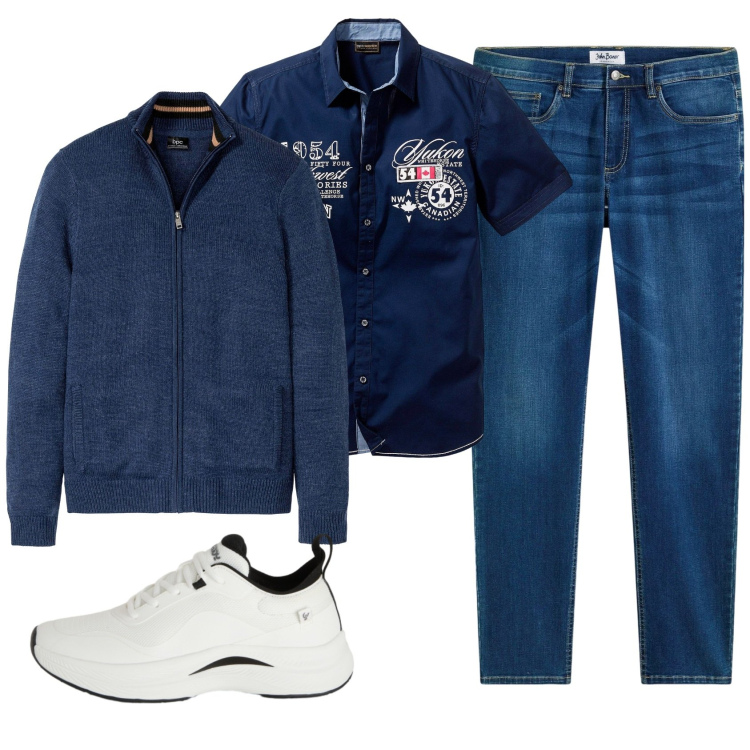 Outfit uomo - Total look #2331101. Stile Casual per Tutti i giorni. Abbinamento con camicie a manica corta, jeans, cardigans, sneakers.