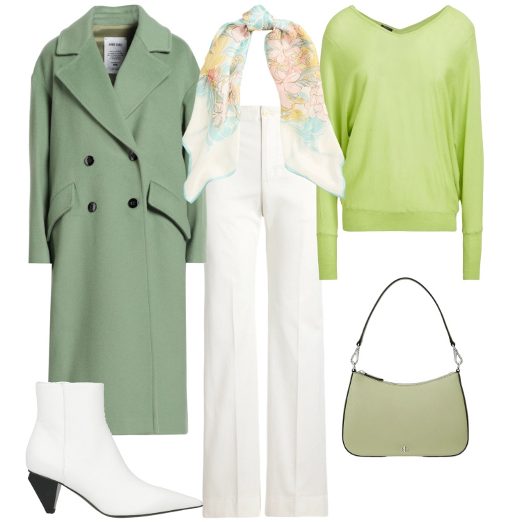 Outfit donna - Trendy ufficio tempo libero. Stile Trendy per Tutti i giorni. Abbinamento con cappotti, pullovers, stivaletti, borse a spalla, pantaloni, foulard.