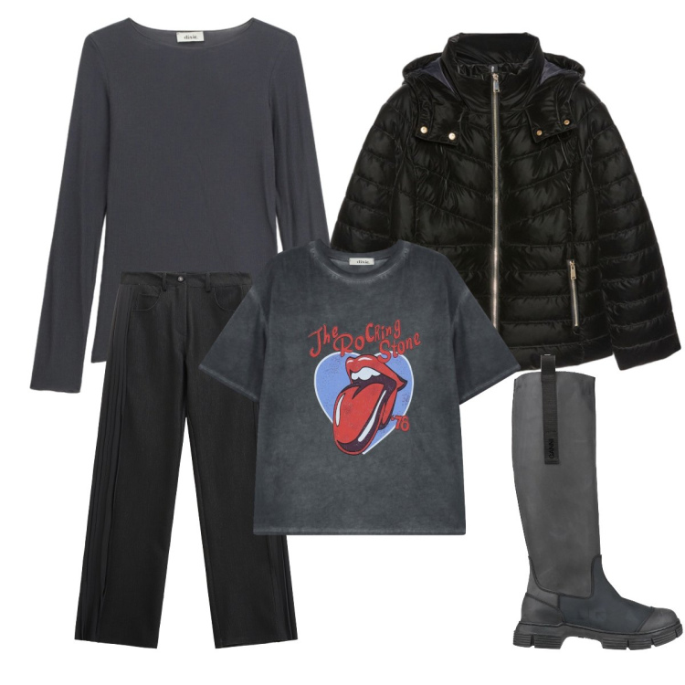 Outfit donna - Questa sono io. Stile Rock per Tutti i giorni. Abbinamento con stivali di gomma, jeans, t-shirt, t-shirt, piumini.