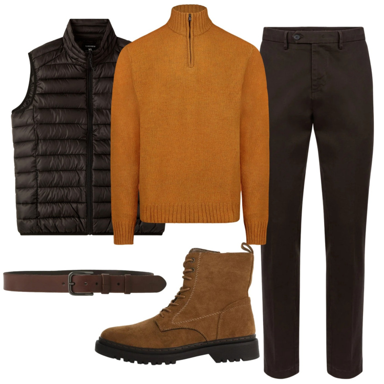 Outfit uomo - Total look #2331110. Stile Casual per Ufficio. Abbinamento con anfibi, cinture, piumini, pantaloni chino, maglieria.