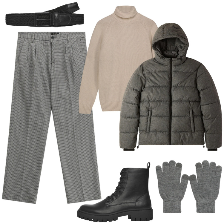 Outfit uomo - Casual raffinato. Stile Casual per Tutti i giorni. Abbinamento con pantaloni, anfibi, bomber, cinture, guanti, pullovers.