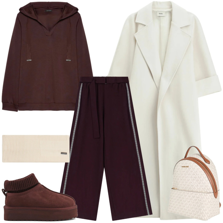 Outfit donna - Sportiva. Stile Casual per Tutti i giorni. Abbinamento con zaini, pantaloni a palazzo, cappotti, accessori per capelli, felpe con cappuccio, sabot.