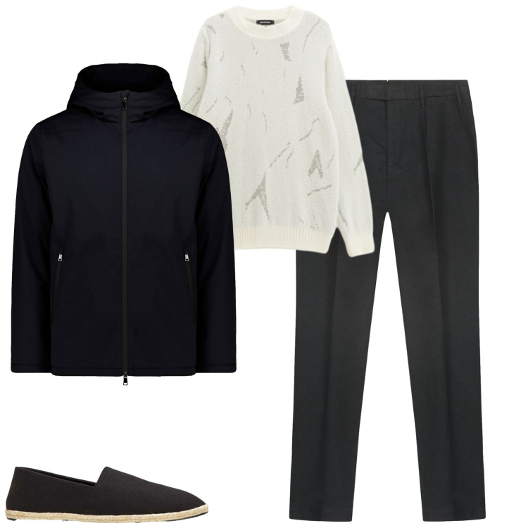 Outfit uomo - Total look #2331115. Stile Urban per Tutti i giorni. Abbinamento con espadrillas, maglieria, parka, pantaloni.