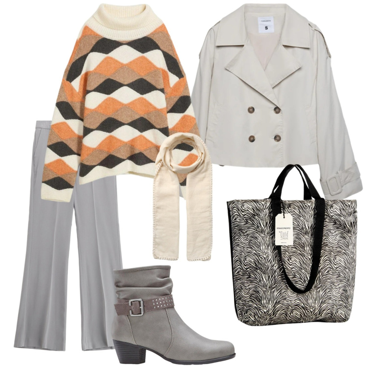 Outfit donna - Total look #2331131. Stile Casual chic per Ufficio. Abbinamento con stivaletti, maglieria, caban, sciarpe, borse tote, pantaloni.