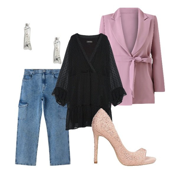 Outfit donna - pronta per la serata. Stile Bon Ton per Serata fuori. Abbinamento con décolleté, blazer, jeans dritti, orecchini, vestiti corti.