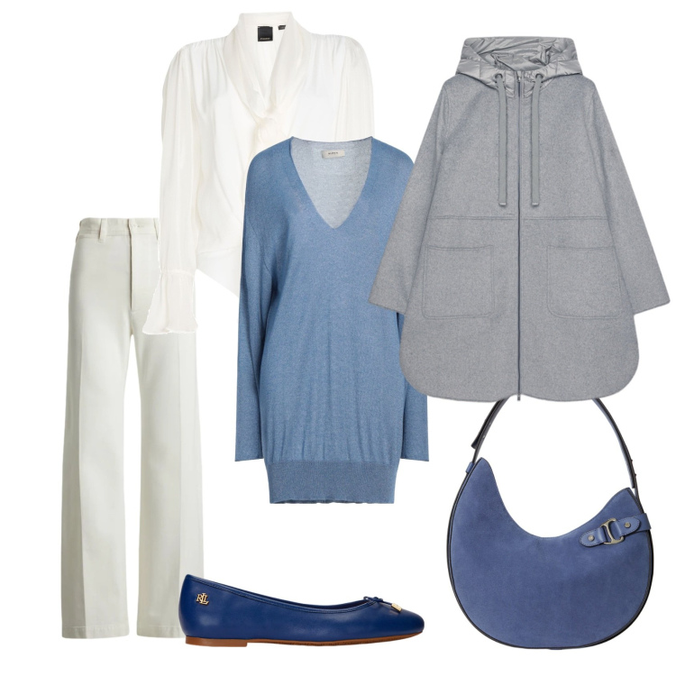 Outfit donna - Total look #2331135. Stile Casual chic per Ufficio. Abbinamento con pullovers, body, ballerine, pantaloni, borse a spalla, cappotti.