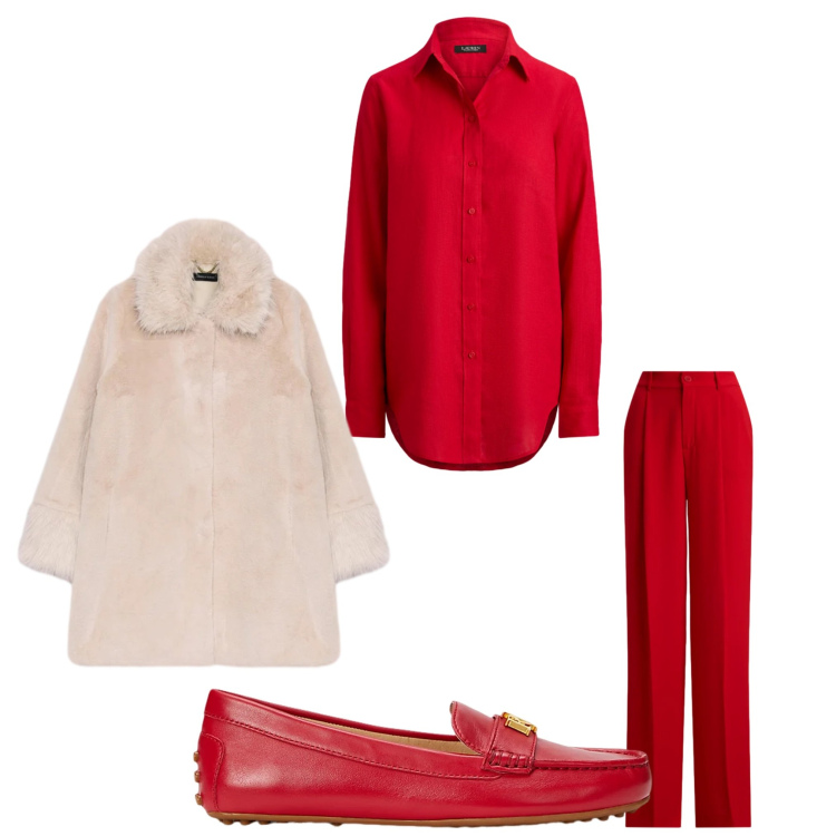 Outfit donna - Red me. Stile Casual chic per Serata fuori. Abbinamento con mocassini, pantaloni, camicie, cappotti.
