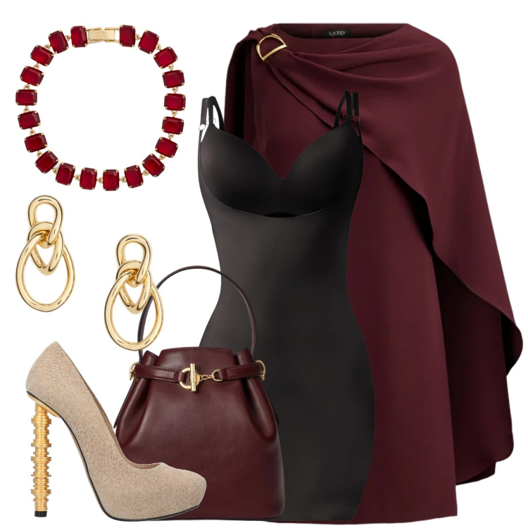 Outfit donna - Rubino romantico. Stile Romantica per Serata fuori. Abbinamento con braccialetti, orecchini, borse a secchiello, vestiti, sottovesti, décolleté.