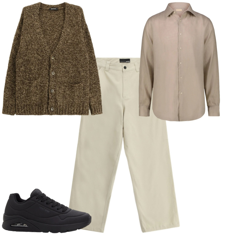 Outfit uomo - Trendy ufficio week end. Stile Trendy per Ufficio. Abbinamento con sneakers, cardigans, pantaloni, camicie.