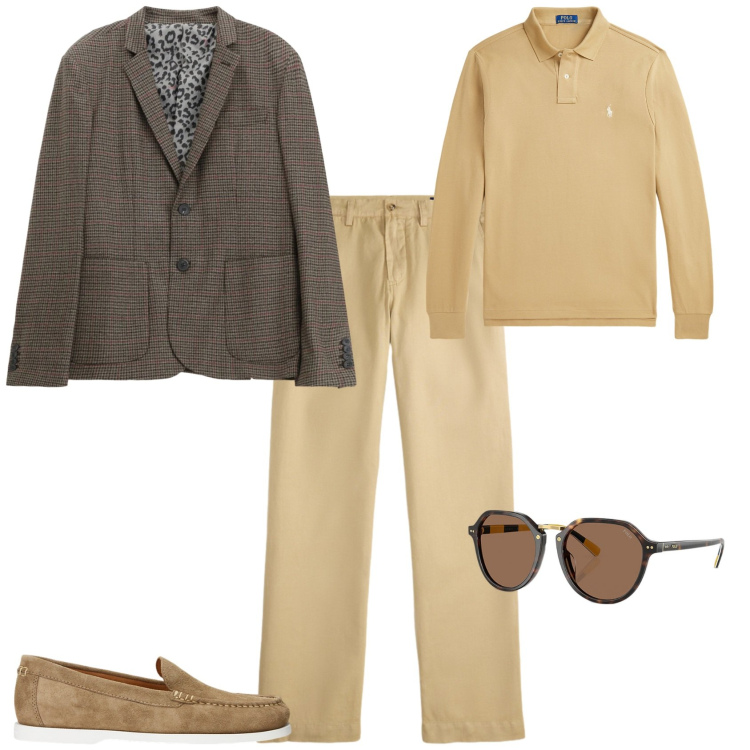 Outfit uomo - Trendy ufficio tempo libero. Stile Trendy per Ufficio. Abbinamento con giacche, occhiali da sole, polo, pantaloni, scarpe stringate.