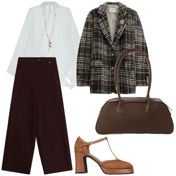 Outfit donna - Io. per Tutti i giorni. Abbinamento con décolleté, camicie, borse a mano, pantaloni a palazzo, cappotti, ciondoli.