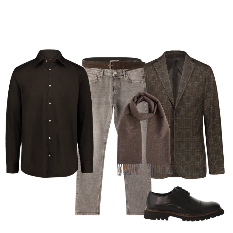 Outfit uomo - Marrone in gradazione. Stile Trendy per Tutti i giorni. Abbinamento con jeans, scarpe stringate, cinture, giacche, camicie, sciarpe.