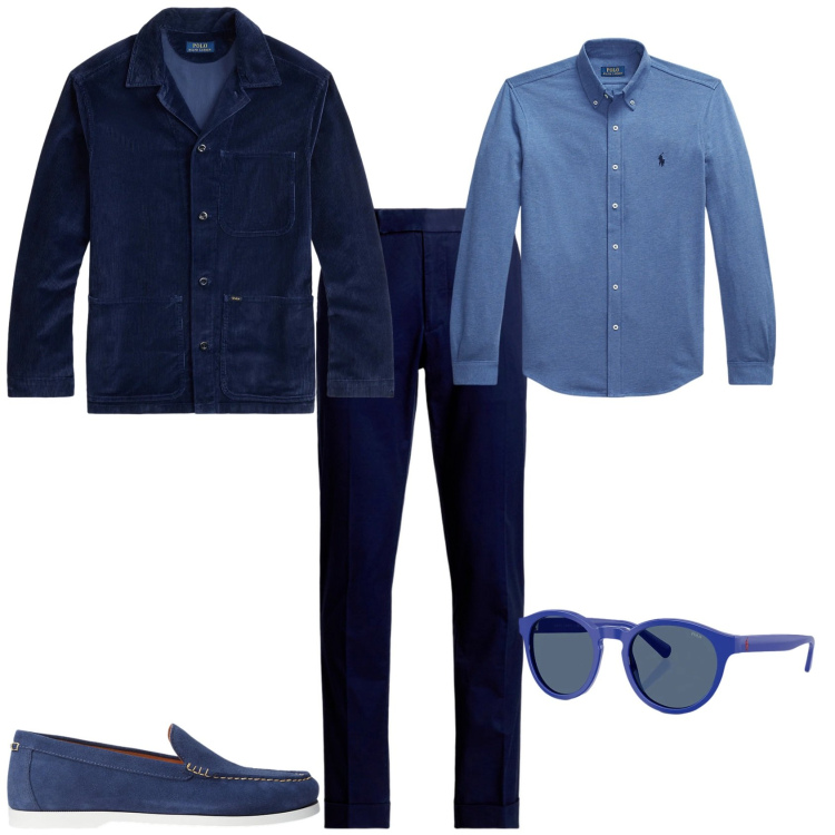 Outfit uomo - Trendy ufficio week end. Stile Trendy per Ufficio. Abbinamento con scarpe stringate, pantaloni chino, camicie, occhiali da sole, giacche.