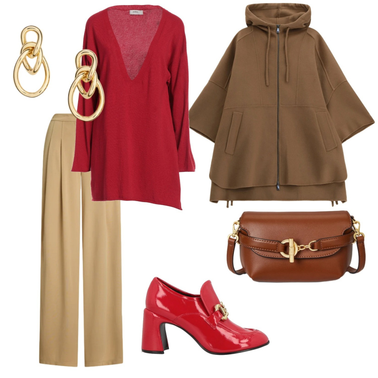 Outfit donna - Curvy. per Ufficio. Abbinamento con pullovers, mocassini, cappotti, borse a tracolla, pantaloni, orecchini.