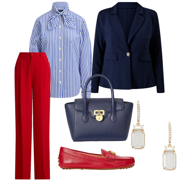 Outfit donna - Curvy. per Ufficio. Abbinamento con blazer, orecchini, pantaloni, mocassini, camicie, borse a mano.