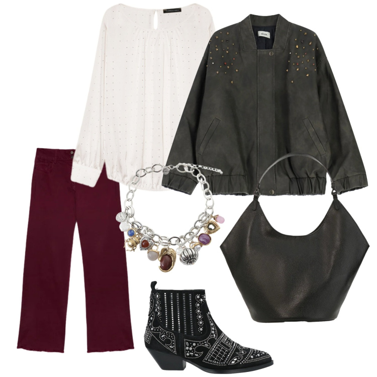 Outfit donna - Curvy. per Tutti i giorni. Abbinamento con stivaletti, braccialetti con ciondoli, bomber, borse a spalla, jeans dritti, bluse.