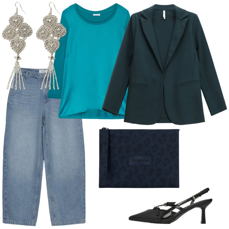 Outfit donna - Curvy. per Tutti i giorni. Abbinamento con blazer, orecchini, décolleté, jeans dritti, clutch, bluse.