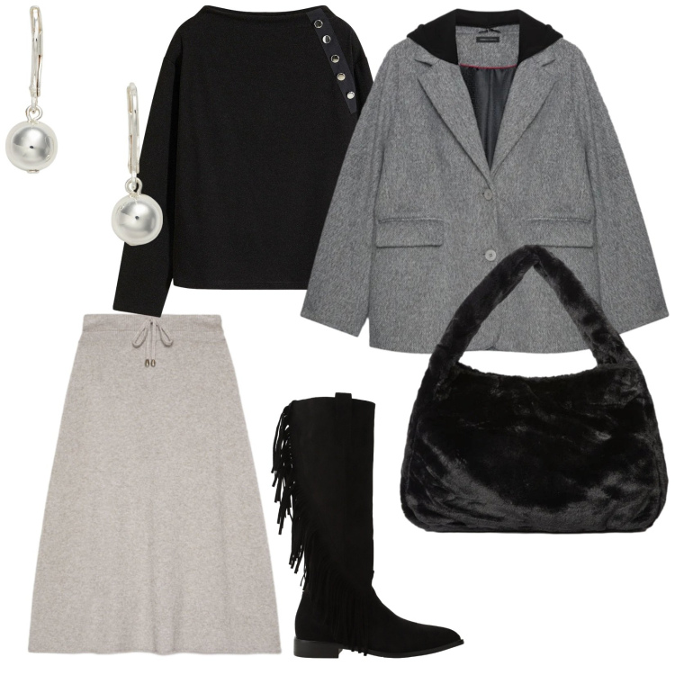 Outfit donna - Curvy. per Scuola/Università. Abbinamento con felpe, stivali sopra il ginocchio, orecchini, gonne longuette, cappotti, borse a spalla.