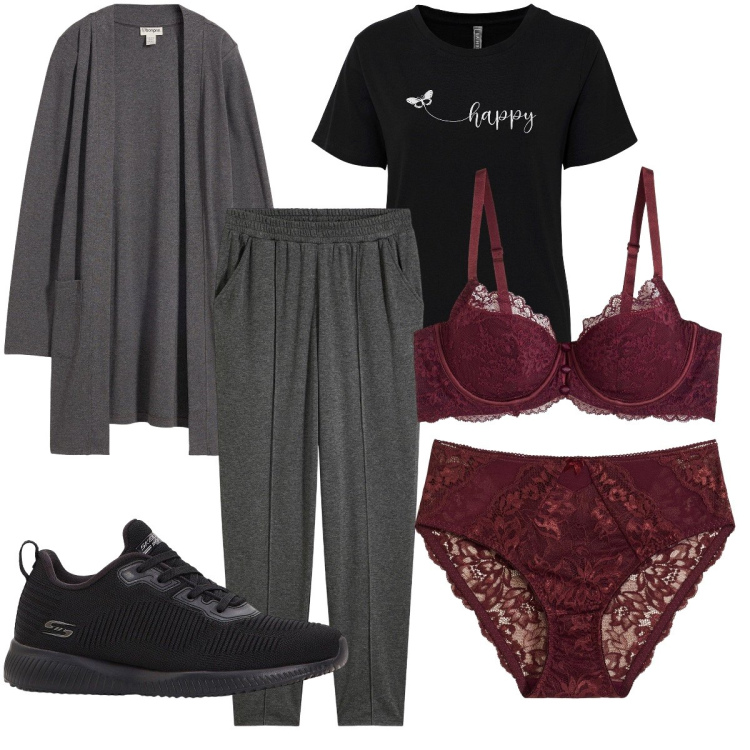 Outfit donna - San Valentino a casa. Stile Sexy per Tutti i giorni. Abbinamento con t-shirt, sneakers, culotte, pantaloni, reggiseni, cardigans.