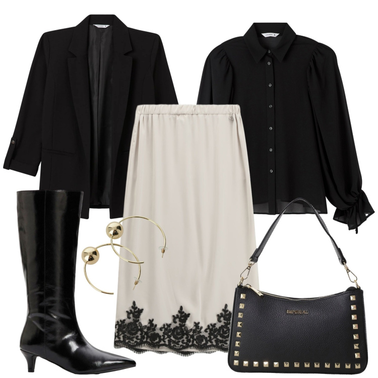 Outfit donna - San Valentino dalla mattina alla sera. Stile Chic per Tutti i giorni. Abbinamento con stivali, blazer, camicie, pochette, gonne, orecchini.