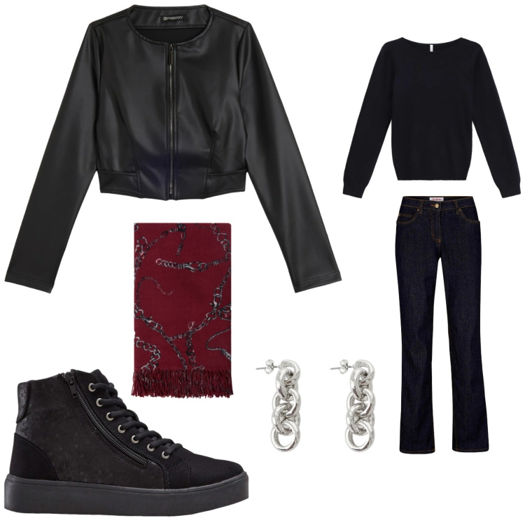 Outfit donna - Total look #2331168. Stile Basic per Tutti i giorni. Abbinamento con jeans dritti, sneakers alte, maglieria, orecchini, giacche, sciarpe.