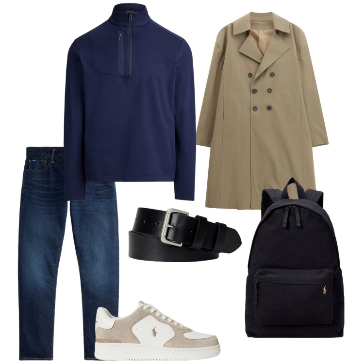 Outfit uomo - Praticità. per Ufficio. Abbinamento con trench, cinture, borse sportive, pullovers, sneakers, jeans.