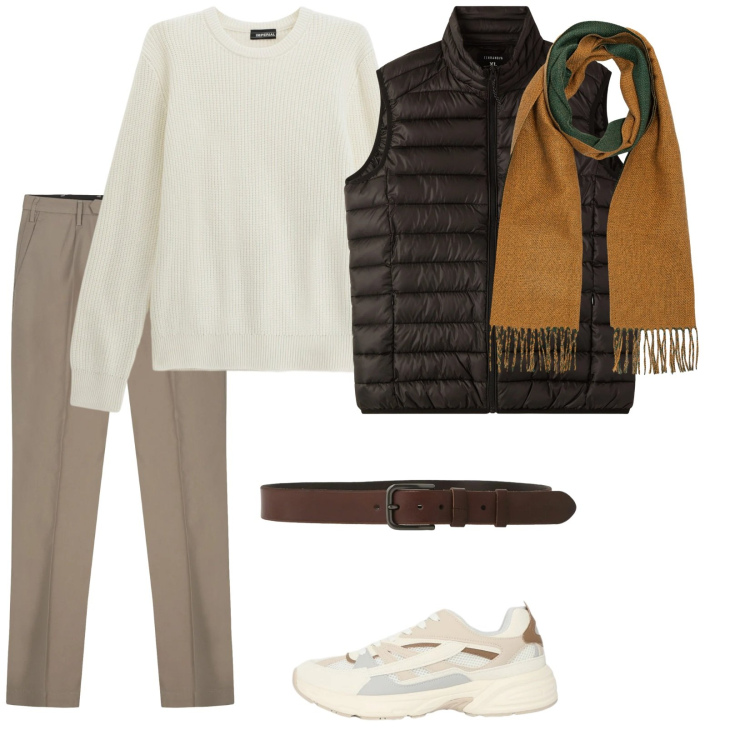 Outfit uomo - Casial. per Tutti i giorni. Abbinamento con piumini, sneakers, maglieria, cinture, sciarpe, pantaloni.