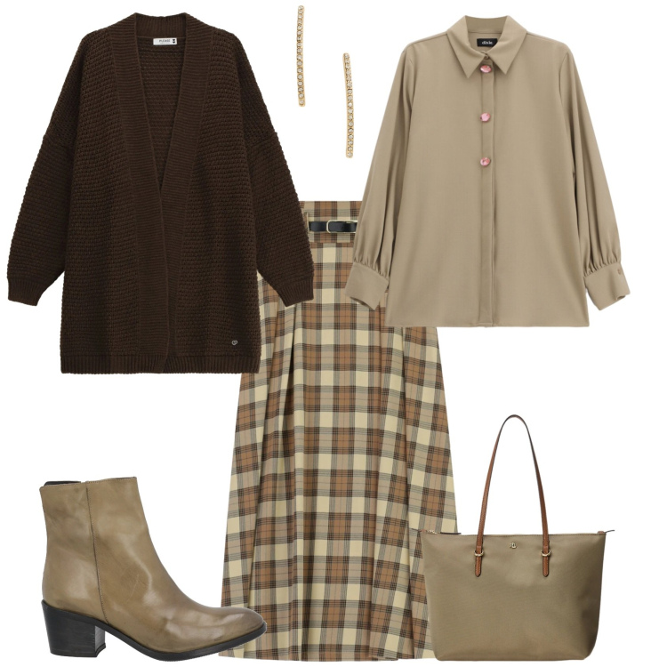 Outfit donna - Casual chic ufficio tempo libero. Stile Casual chic per Tutti i giorni. Abbinamento con stivaletti, gonne lunghe, camicie, cardigans, borse tote, orecchini.