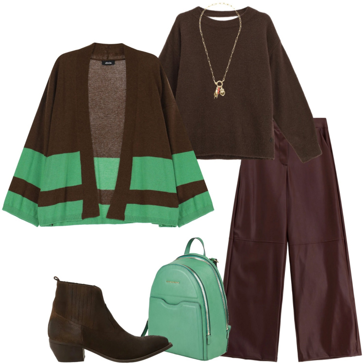 Outfit donna - Un po\' di colore. Stile Casual chic per Tutti i giorni. Abbinamento con zaini, pantaloni a palazzo, maglieria, cardigans, stivaletti, ciondoli.