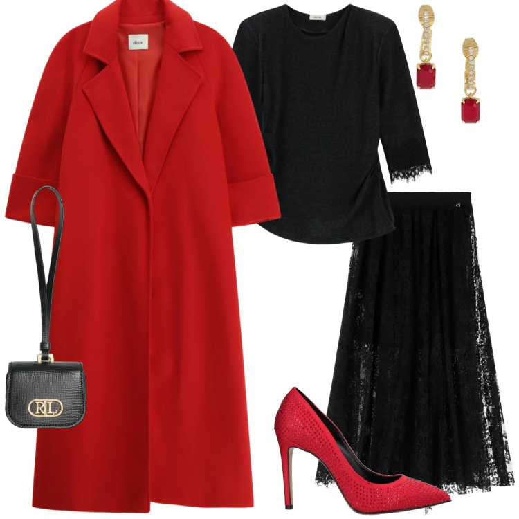 Outfit donna - Un po\' di colore. Stile Chic per Serata fuori. Abbinamento con décolleté, gonne lunghe, cappotti, maglieria, orecchini, pochette.