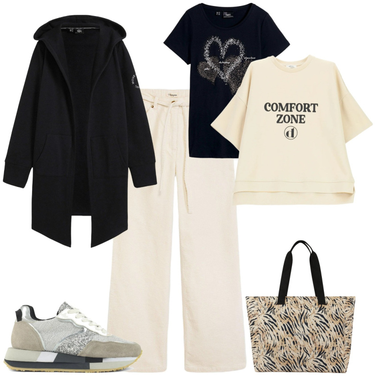 Outfit donna - Sport chic ufficio tempo libero. Stile Sporty chic per Tutti i giorni. Abbinamento con t-shirt, blazer, pantaloni, t-shirt, shopping bag, sneakers.