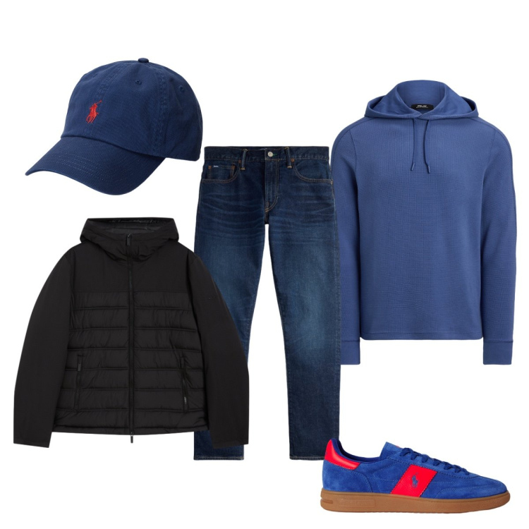 Outfit uomo - Blu cobalto. Stile Trendy per Tutti i giorni. Abbinamento con piumini, cappelli, sneakers, jeans, felpe con cappuccio.