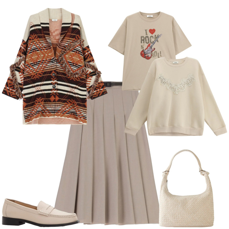 Outfit donna - Casual chic ufficio tempo libero. Stile Casual chic per Tutti i giorni. Abbinamento con shopping bag, mocassini, gonne longuette, cappotti, felpe, t-shirt.