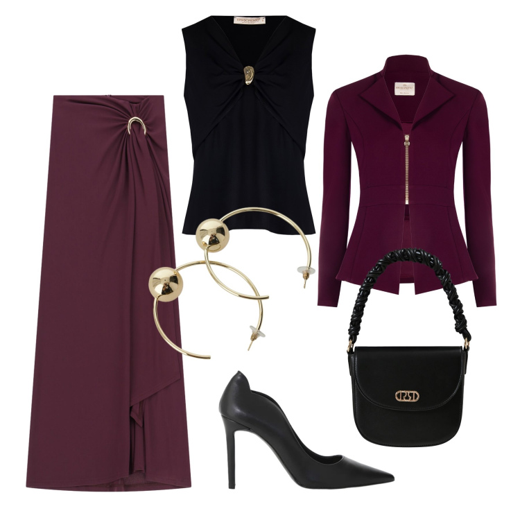 Outfit donna - San Valentino in lungo. Stile Chic per Serata fuori. Abbinamento con gonne lunghe, décolleté, orecchini, blazer, top, borse a mano.