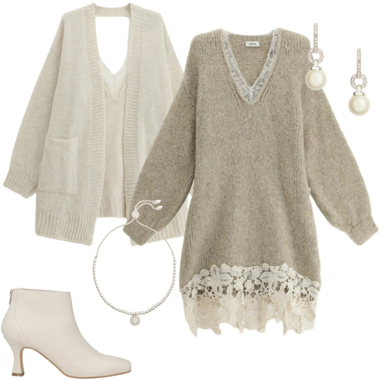 Outfit donna - Il fascino dei dettagli. Stile Casual chic per Serata fuori. Abbinamento con stivaletti, vestiti corti, cardigans, braccialetti, orecchini.