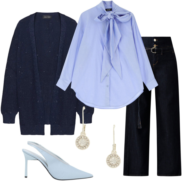 Outfit donna - Il fascino del dettaglio. Stile Casual chic per Tutti i giorni. Abbinamento con décolleté, camicie, jeans, orecchini, cardigans.