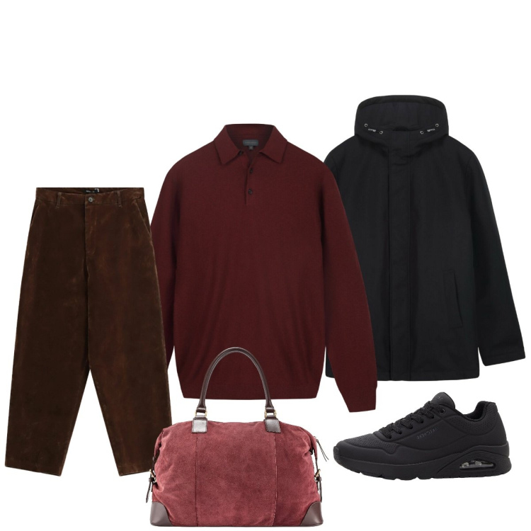 Outfit uomo - Week-end fuori porta. Stile Casual per Tutti i giorni. Abbinamento con sneakers, pantaloni, borse sportive, giacche, maglieria.